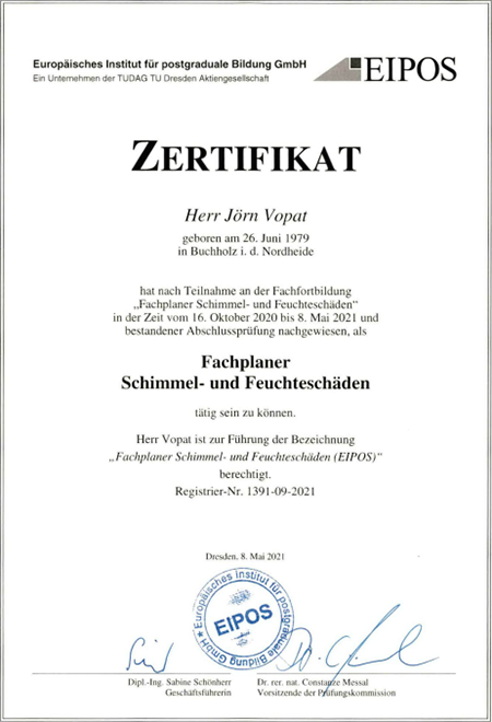 Zertifikat - Vopat Baubiologie & Bautenschutz in 21244 Buchholz