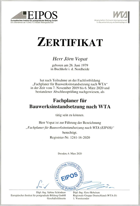 Zertifikat - Vopat Baubiologie & Bautenschutz in 21244 Buchholz